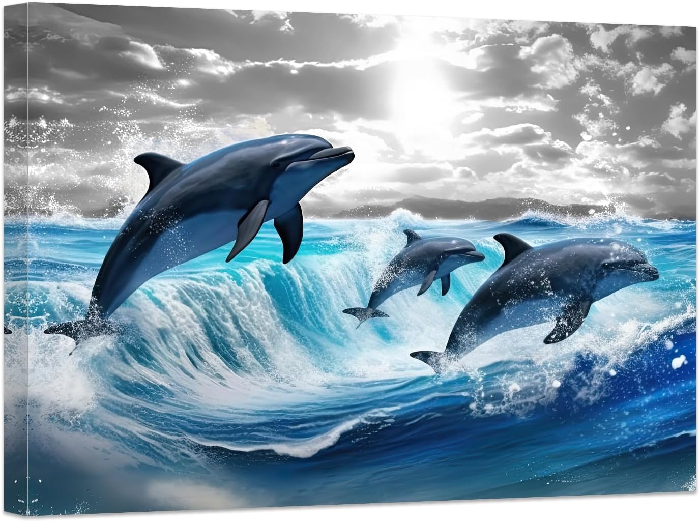 DOARTDO Dolphins Wall Art Jumping Dolphin Canvas Pictures Black White Seascape Prints Blue Waves Painting for Living Room Home (16.00" x 24.00")