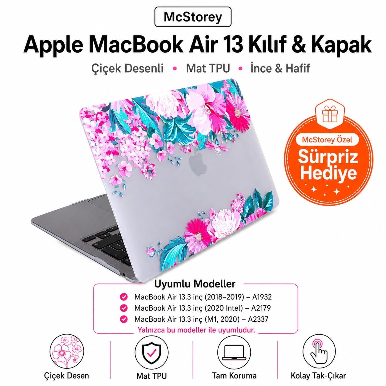 McStorey MacBook Air M1 Kılıfı 13 İnç A2337 A2179 A1932 Uyumlu Sert Kapak Hard Case Koruyucu Kılıf MacBook Air 13 İnç Kılıfı Çizilmez Darbe Koruyucu Mat Baskılı Çiçek Desenli Açık Pembe