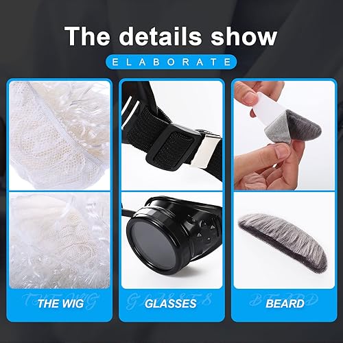 Miniatura 6 de SATINIOR Disfraz de científico loco de 6 piezas para adulto, abrigo de laboratorio marrón, disfraz de Back to the Future Man peluca, gafas de