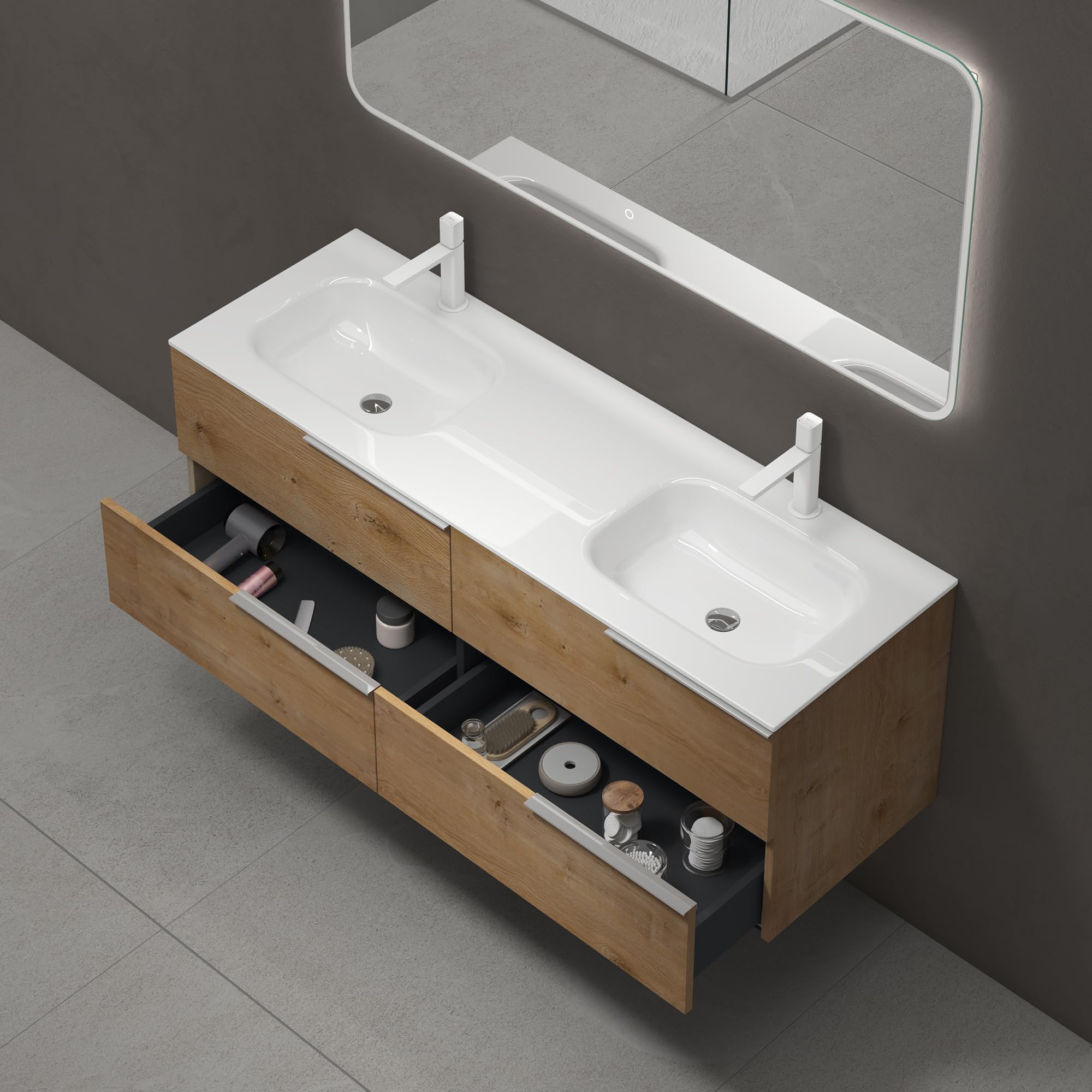 doporro Meuble de Salle de Bain Suspendu 144x48x50cm Ensemble de 2 Pièces | Chêne, avec Lavabo en Solid Surface, Design Vanessa