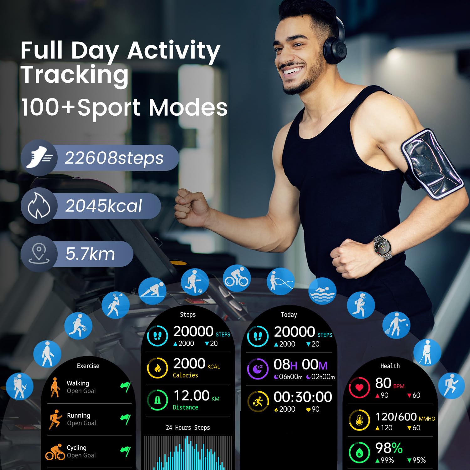 Smartwatch Orologio Uomo Fitness Watch - 1,39"Rotondo Orologi Chiamate Telefono Sanguigna Pressione Digitale Impermeabile Contapassi Sportivo Polso Cardiofrequenzimetro Tracker Compatibile Android iOS