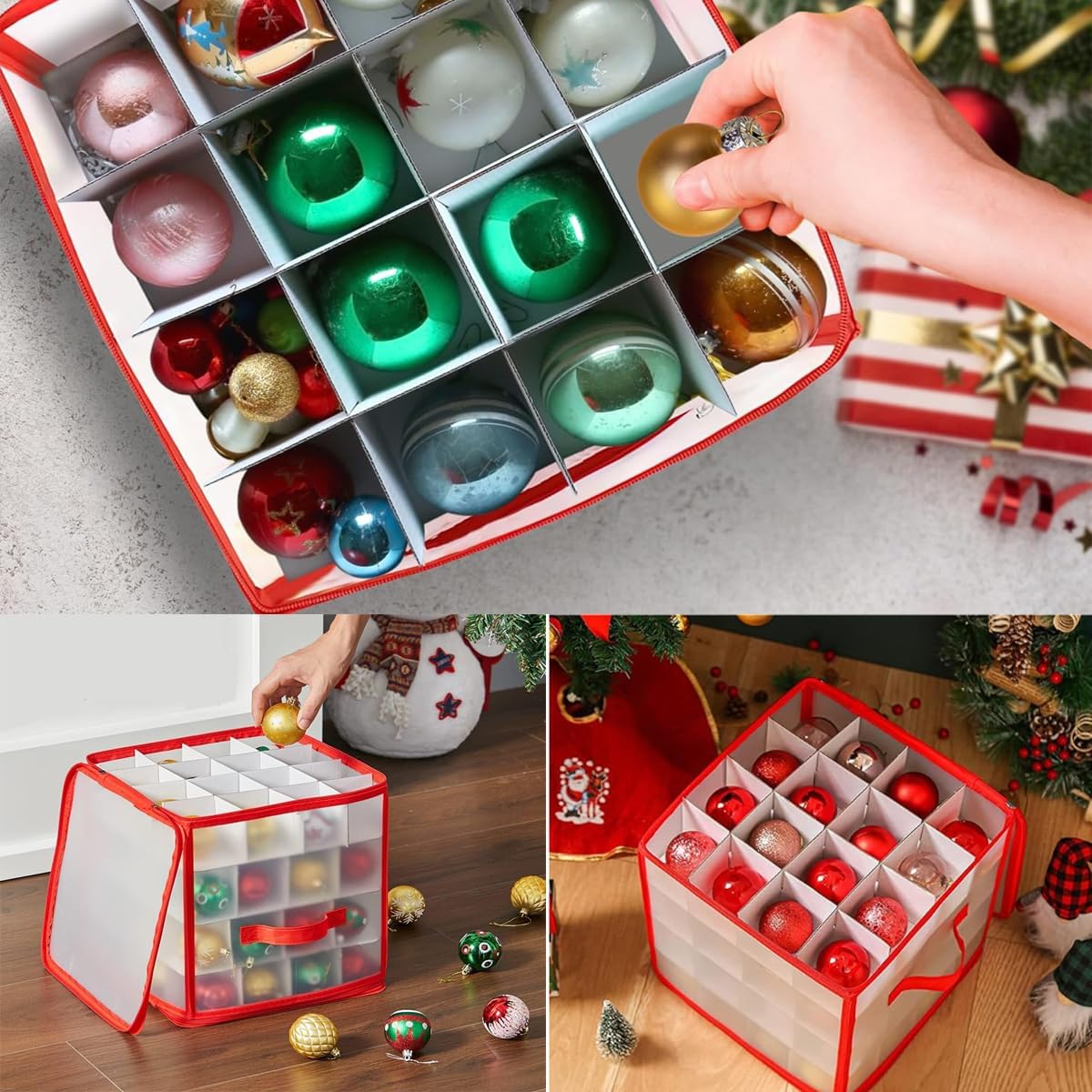 Aufbewahrungsbox für Weihnachtskugeln, Weihnachtskugeln Dekorationen Aufbewahrung für 64 Verstellbaren Fächer mit Deckel Seitliche Griffe (Transparent)