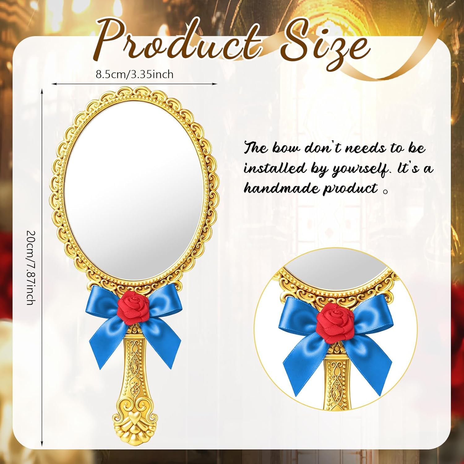 Sieral 12 Pcs Rose Beauty Princess Party Favors Beauty Princess Handheld Mirror with Rose Bow Vintage Gold Embossed Hand Mirror Compact Toy for Makeup Women Adult Birthday Party Supplies Travel Gift