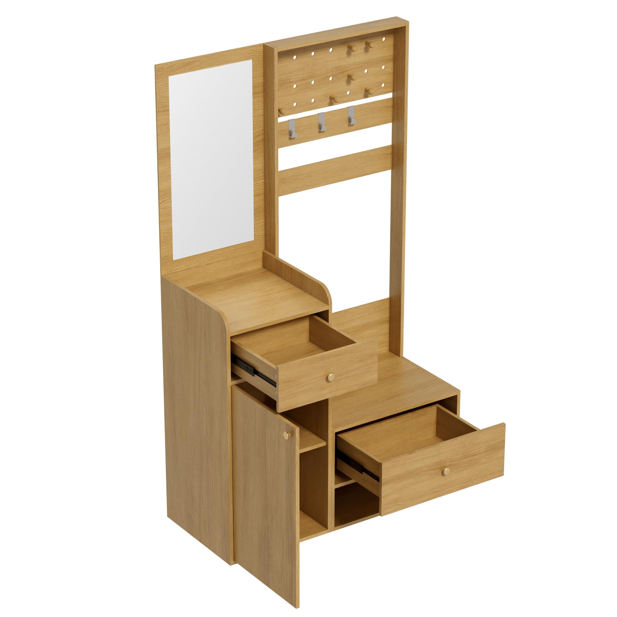 Perchero compacto con espejo, moderno estante de entrada para pasillo con ganchos ajustables y estantes, para zapatos, abrigos y objetos pequeños, blanco, 105 x 38 x 180 cm (color madera)