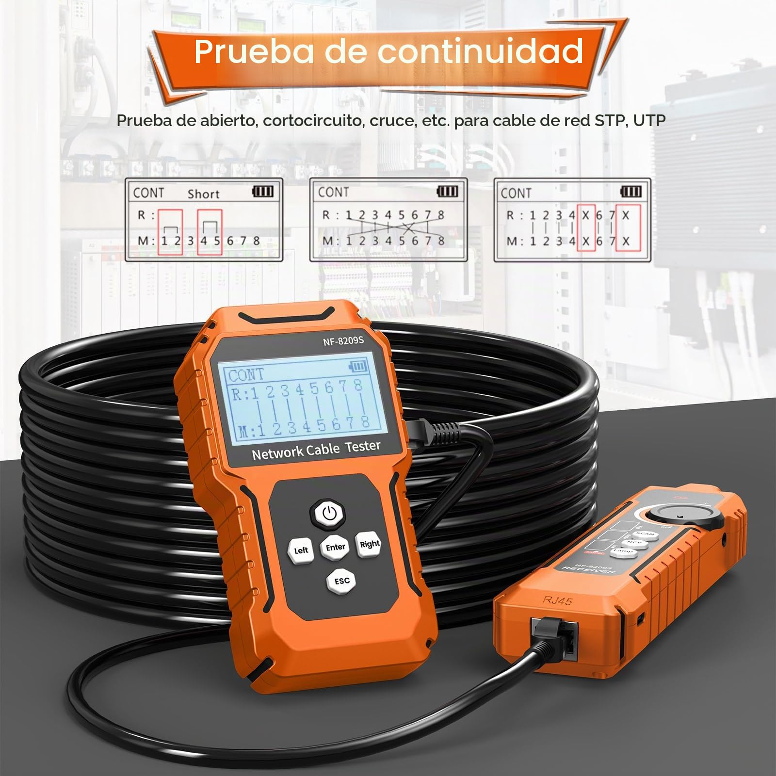 NF-8209S - Probador de cables de red RJ11, RJ45, CAT5, CAT6, LAN, prueba de cortocircuito y estado de interrupción transversal con POE, medición de longitud