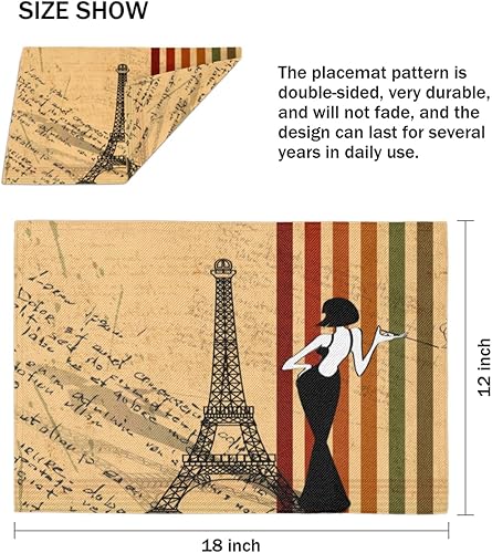 Miniatura 4 de Classic Paris Pattern Placemats Set of 4 Table Mats Washable Placemat Waterproof Place Mats for Party Home Dining Table Decor 18x12 in