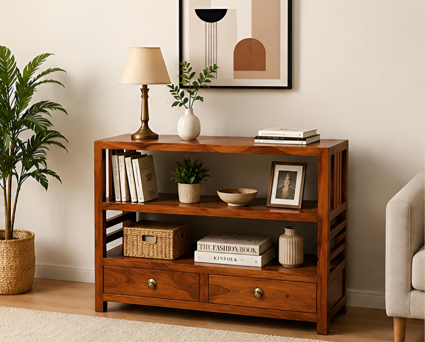 DOKRI Solid Sheesham Wood Entrance Console Table with 2 Drawer and 2 Shelf Storage for Living Room Kitchen Home Office Wooden Entryway Hallway Furniture (Honey Finish)-picture-15