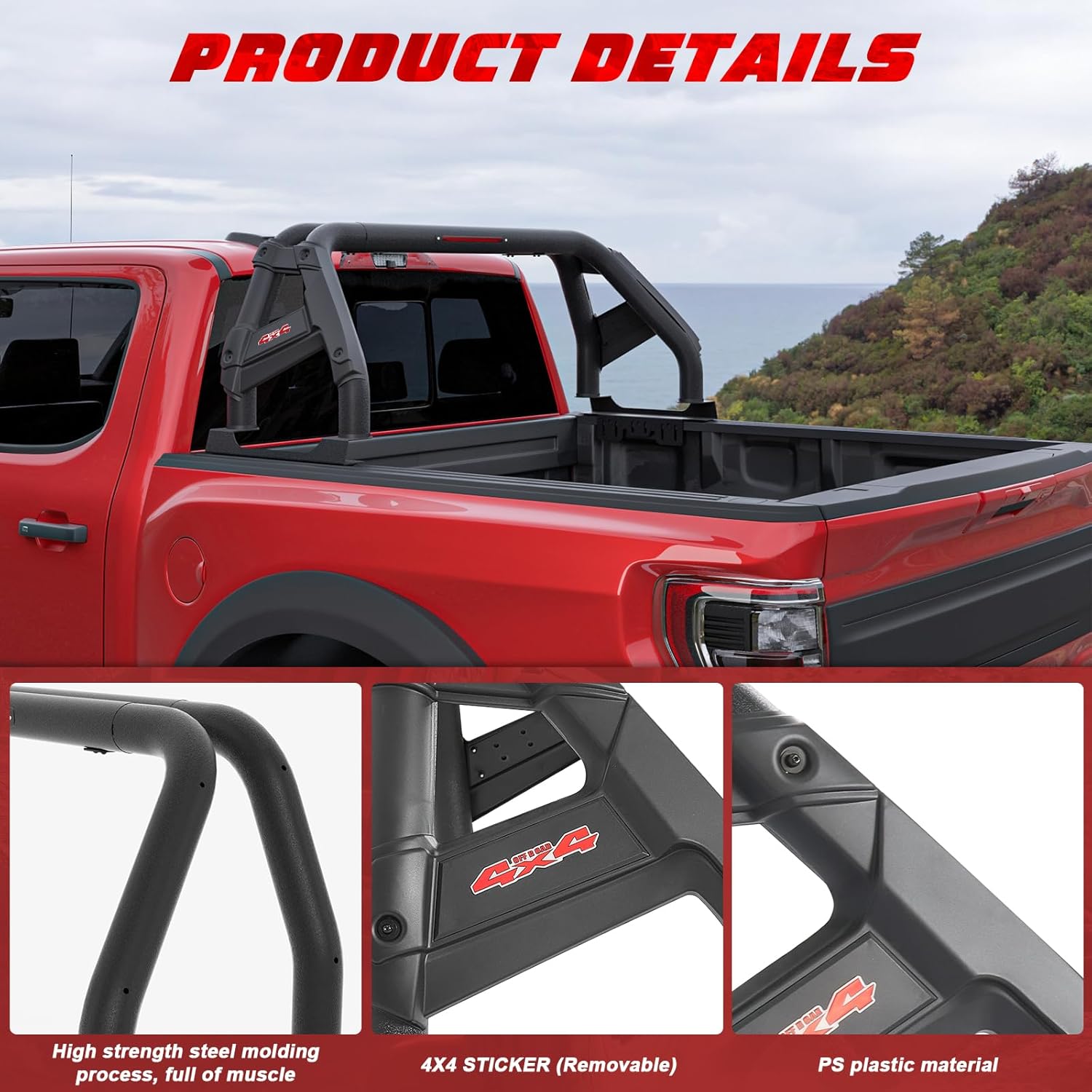 Roll Bar for Full Size & Mid Size Pickup Truck, Adjustable Sport Chase Rack Roll Bar Compatible with Dodge Ram 1500/2500/3500,Ford F-150/F-250/F-350, Toyota Tundra,GMC Sierra, Chevy Silverado,Titan