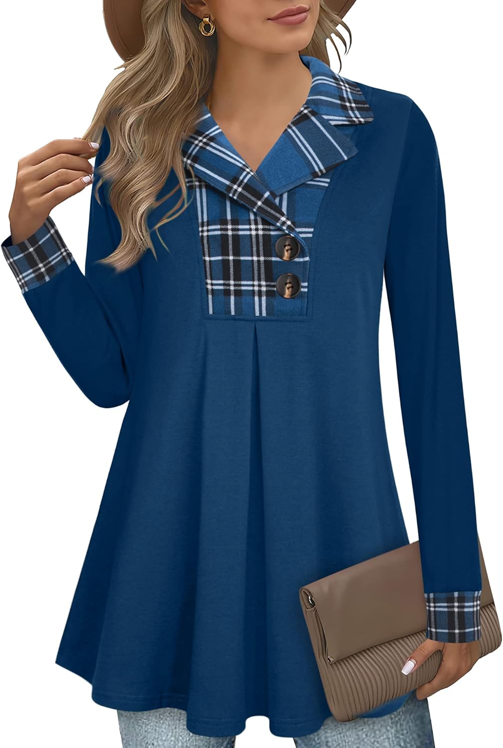 Gaharu Women's Swing Tunic Notch Collar Ladies Button Sweatshirt Long Sleeve Pullover Shirt Tops