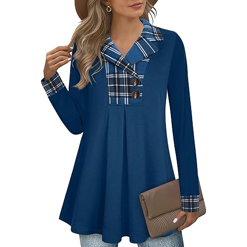 Gaharu Women's Swing Tunic Notch Collar Ladies Button Sweatshirt Long Sleeve Pullover Shirt Tops