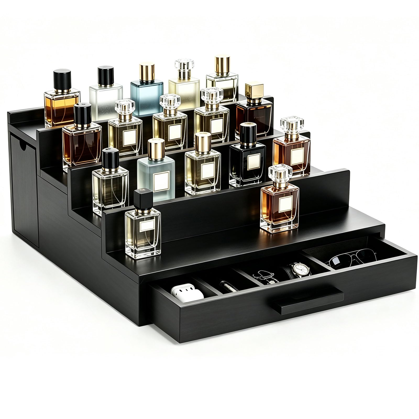 Cologne Organizer per uomo, 4 ripiani, in noce, con cassetto portaoggetti | Il ripiano nero contiene colonia, orologi, gioielli e cura della pelle, regalo per papà, robusto organizer in noce per bagno