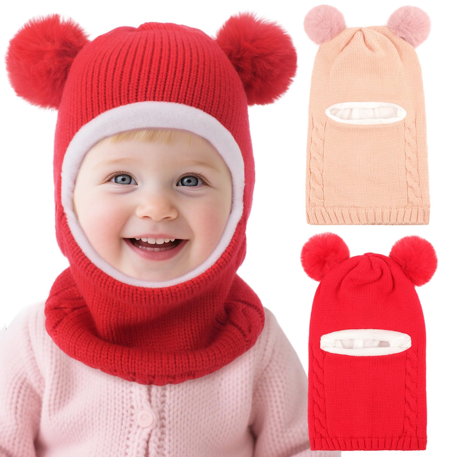 Dreshow Girls 2 Pc: Red And Pink Kids Winter Warm Hat Scarf Baby Earflap Beanies Hood Pom Pom Toddler Hat Windproof Balaclava Kids 2-5 Years