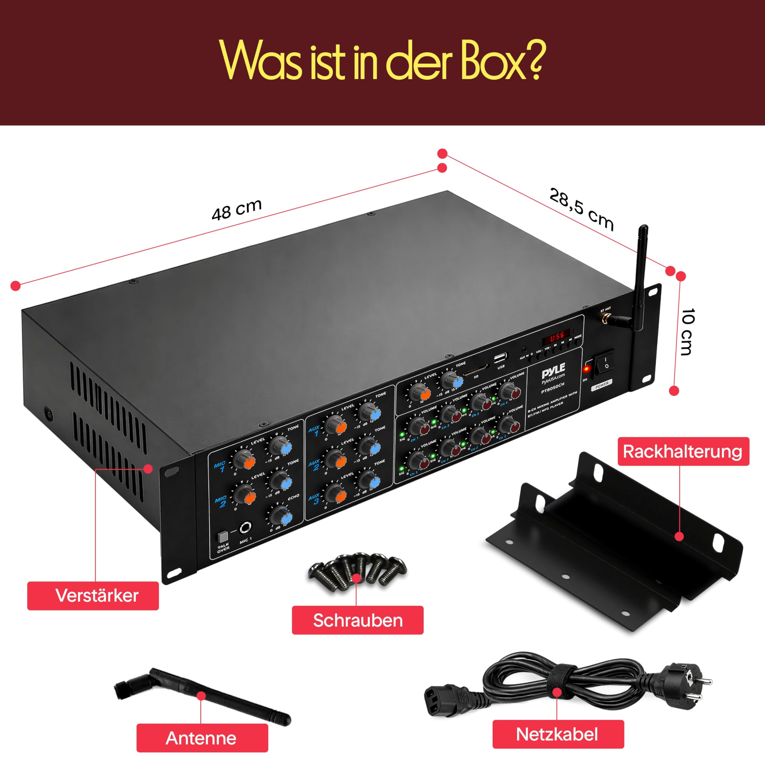 Pyle Mischverstärker, 8-Kanal Bluetooth HiFi Verstärker/Endstufe 4000W mit Mikrofon mit Talkover, RCA, USB, AUX für Lautsprecher, Karaoke, Party & Konferenz
