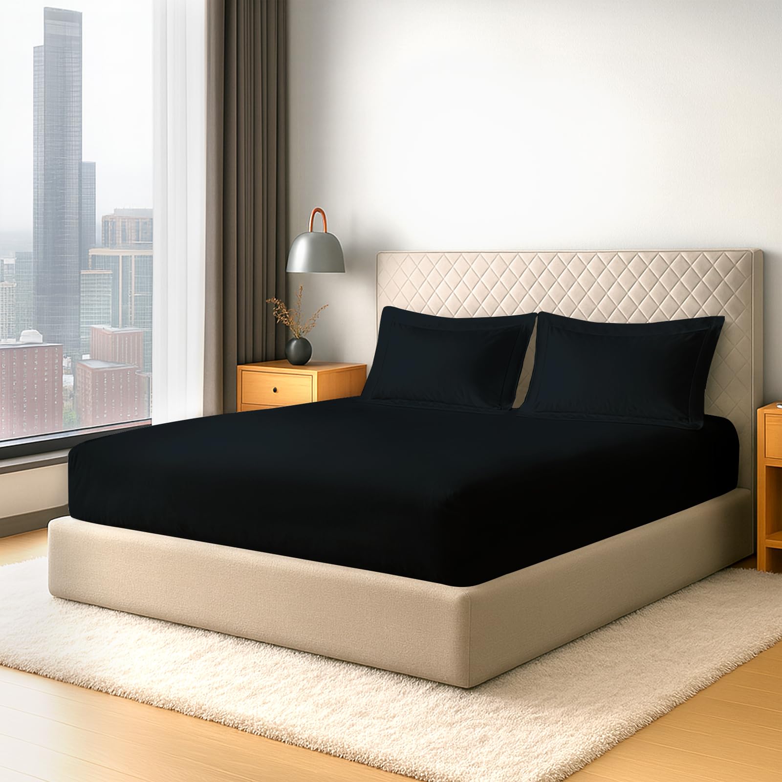 Pizuna Pure Cotton 600 Thread Count Fitted Sheet King Size 150X200 cm with 2 Pillowcases, Black 100% Long Staple Cotton, Soft Sateen Weave 40 cm Deep Fitted King Size Sheet — image 1