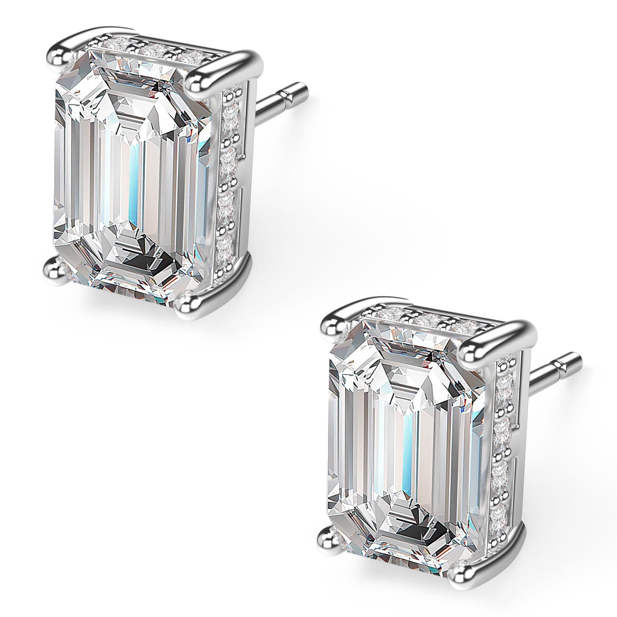18K White Gold Plated Sterling Silver Emerald Cut Cubic Zirconia Stud Earrings for Women Men Rectangle CZ Diamond Stud Earrings