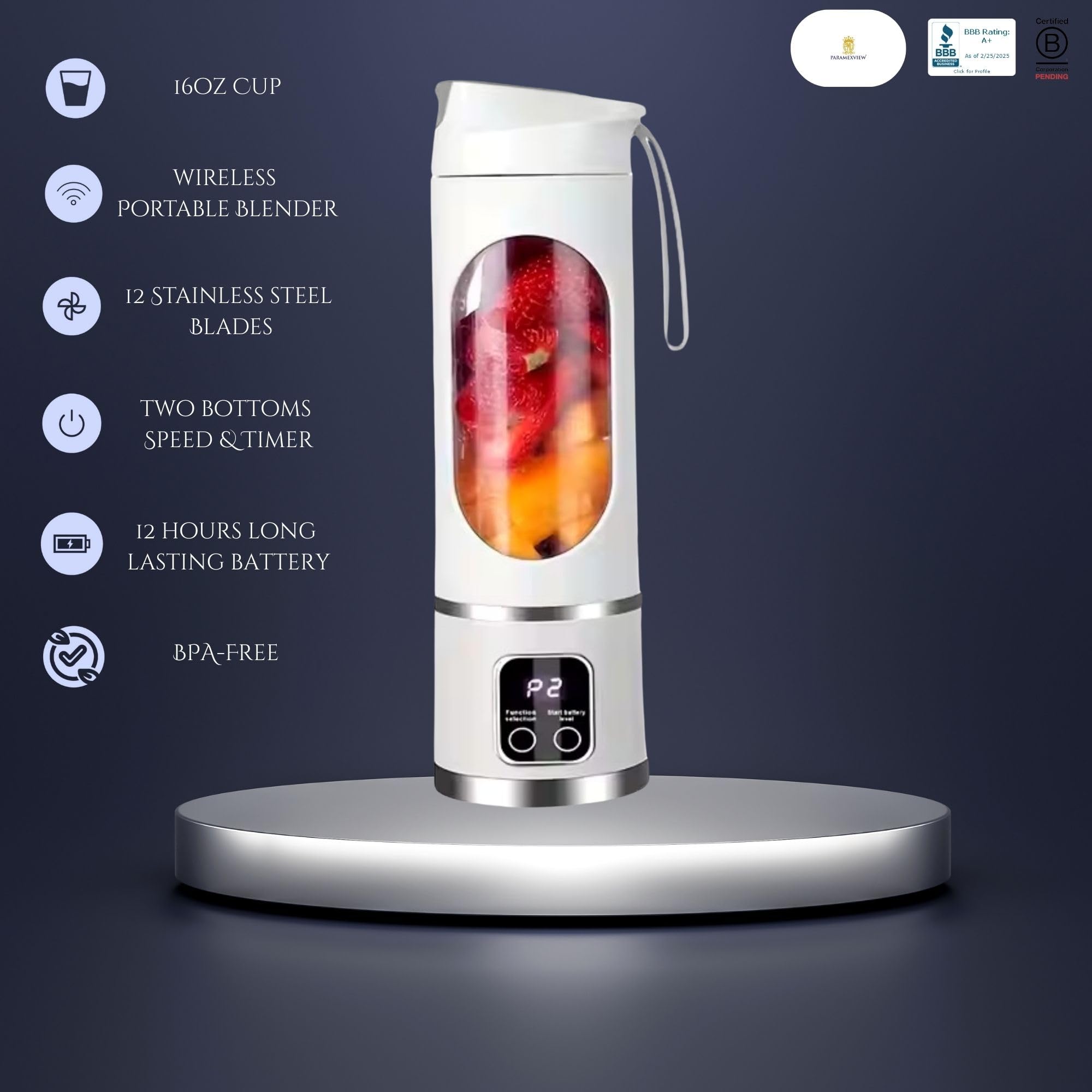 ® Licuadora portátil de 16 oz/16.9 fl oz para jugos y batidos con 12 cuchillas de acero inoxidable | Recargable por USB y control de múltiples velocidades | Licuadora portátil de fusión 6
