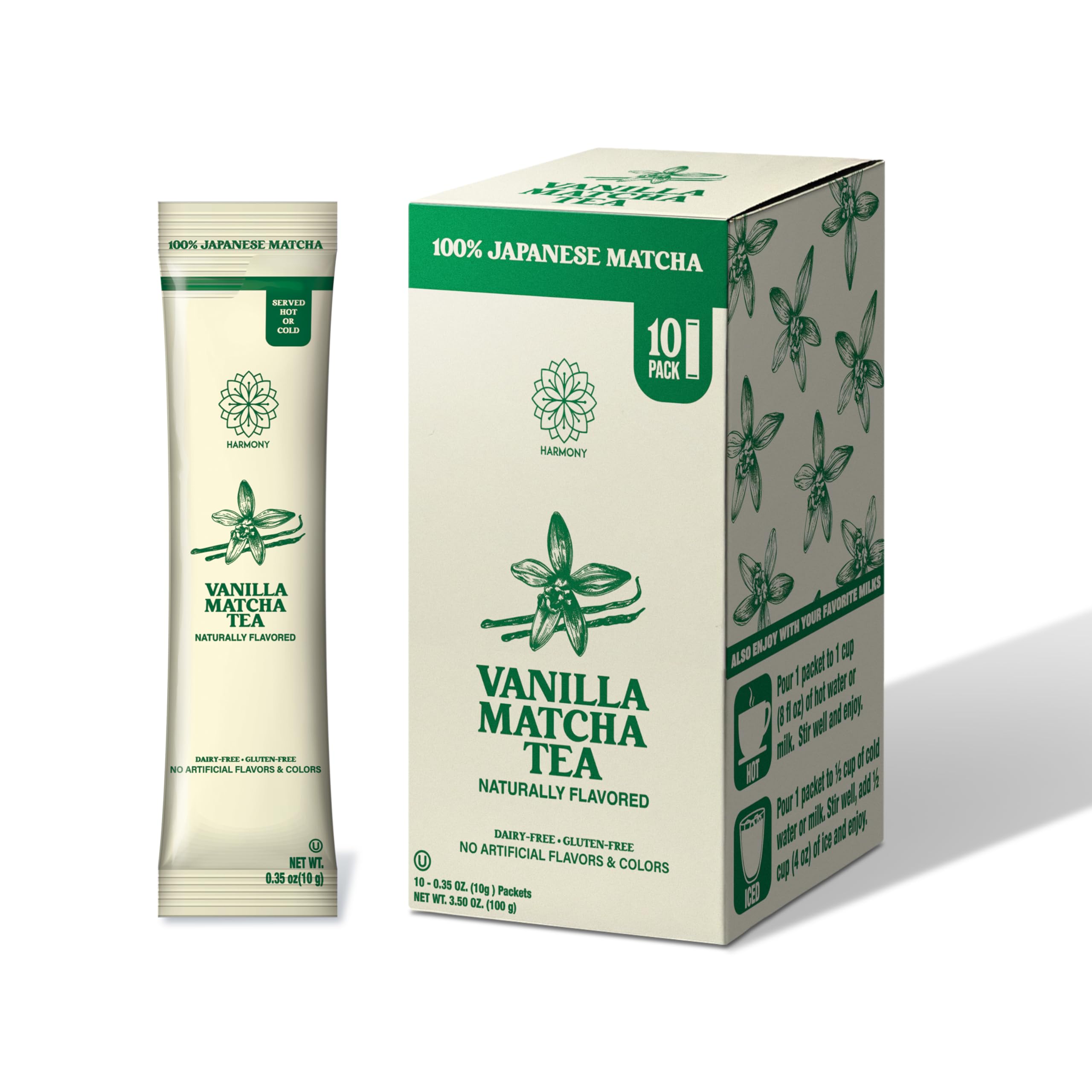 The Harmony Matcha Vanilla 10 Sticks Premium Sweetened Japanese Matcha Powder Rich in Antioxidants L-Theanine Dairy Gluten Preservative