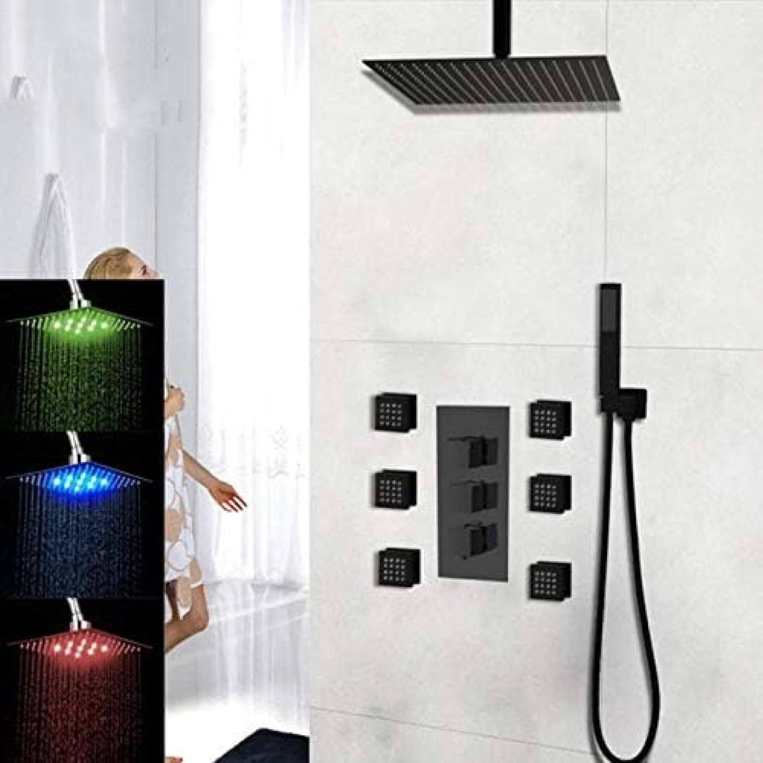 Shower Kits, Black Wall Mounted Square Style Brass Waterfall LED Shower Set Bathroom Shower with Handle Rainfall Shower Head