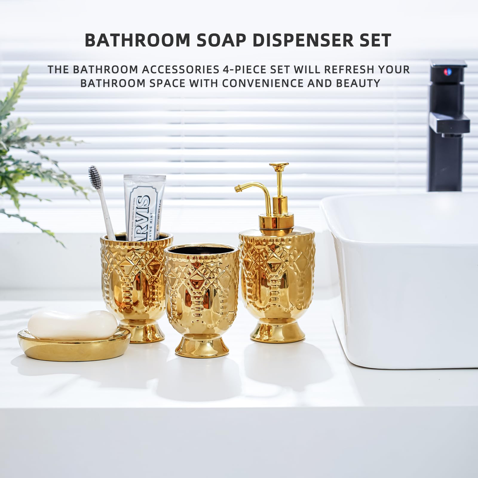 Juego de accesorios de baño de 4 piezas, dispensador de jabón de baño de cerámica, decoración de baño dorada completa que incluye dispensador de jabón, soporte para cepillo de dientes, vasos, jabonera