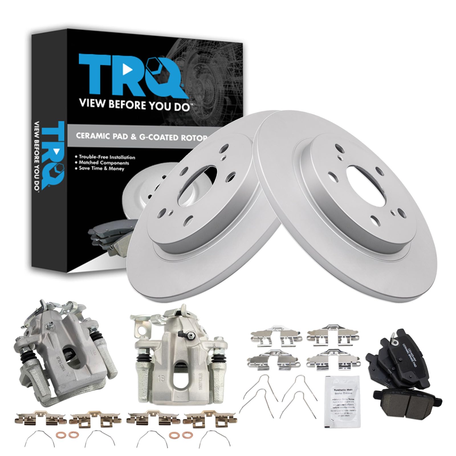 TRQ Rear Brake Pad &amp; Rotor Kit Ceramic Premium G-Coated Compatible with 2008-2015 Scion xB