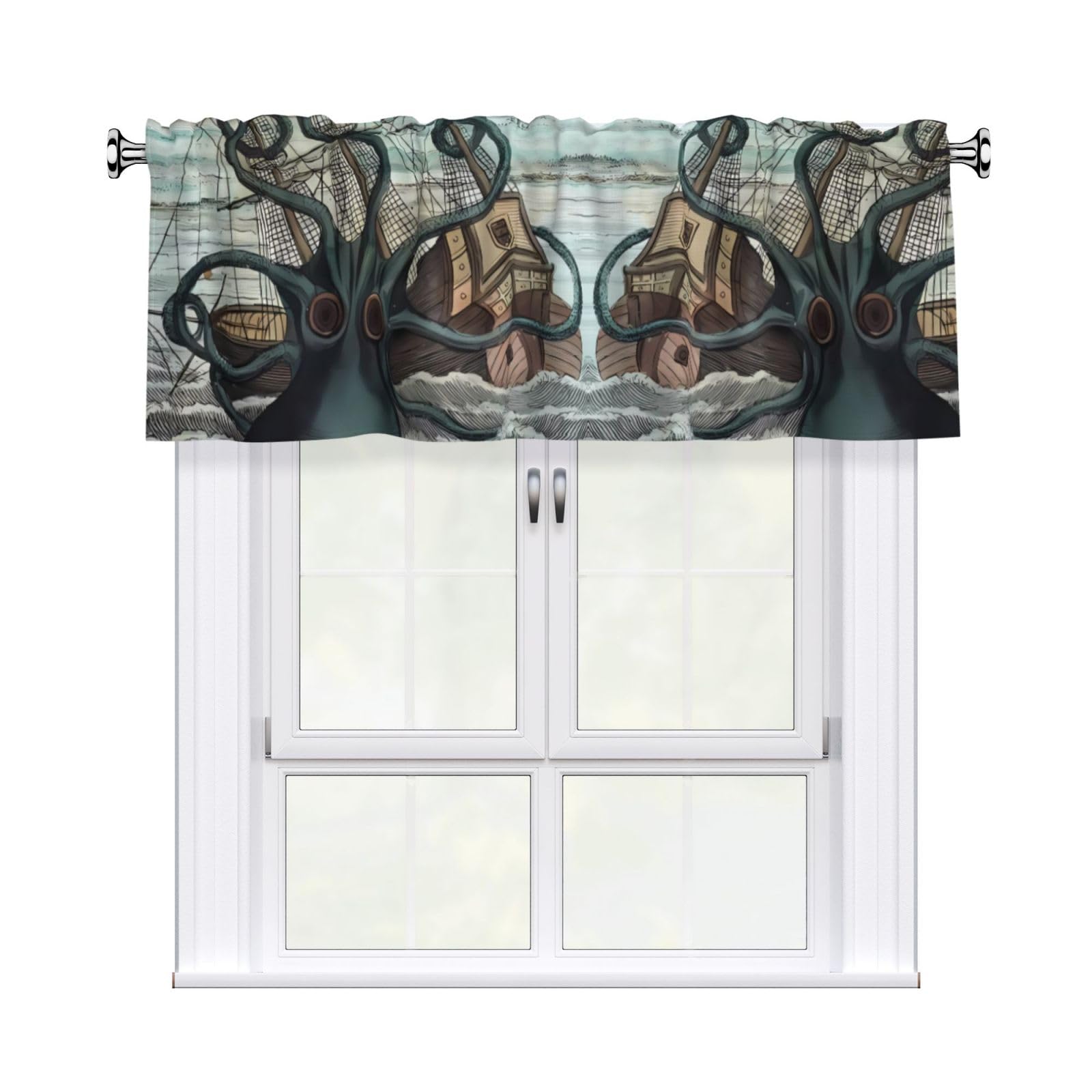 HJFCZH Octopus and boat Prints Curtain Valance 54x18in - Peach Skin Kitchen Window Layer, Filtered Light & Quick-Install Rod Pocket Cover