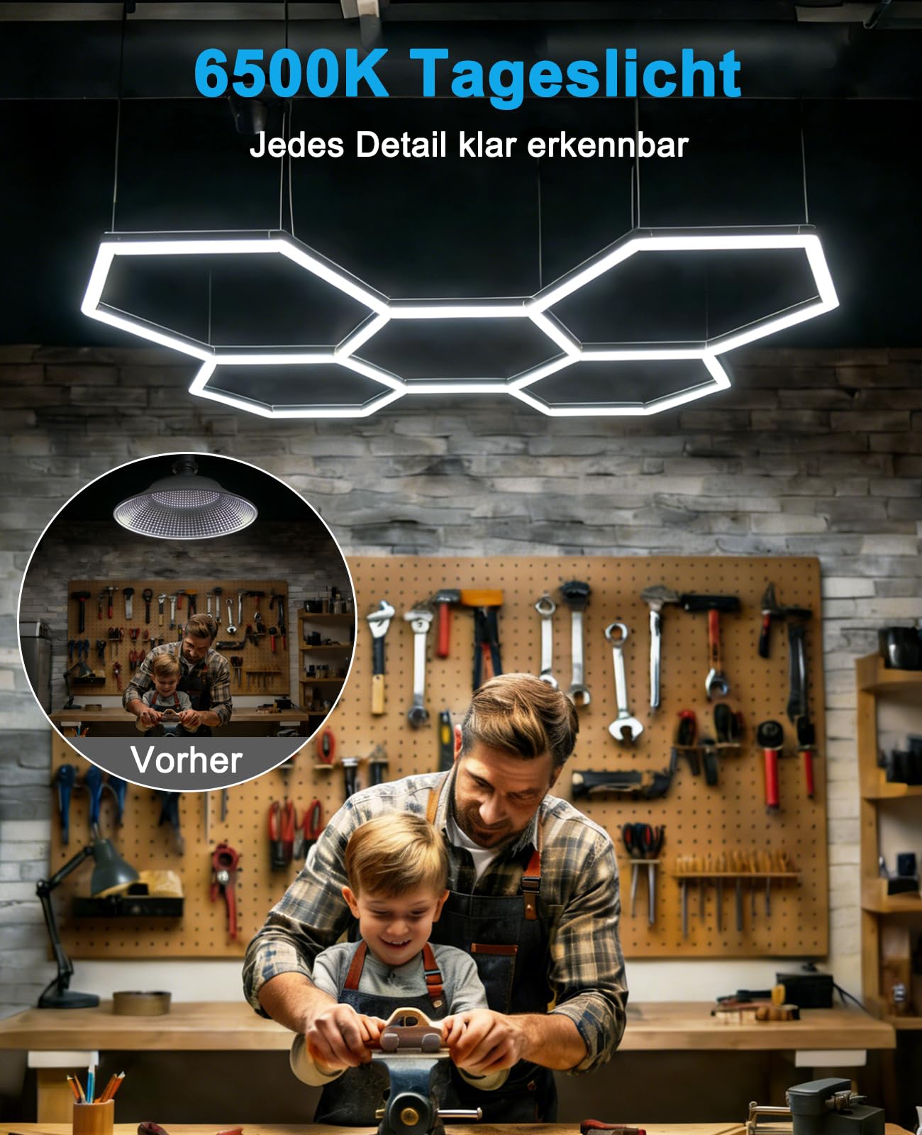 Garagenlampe LED Sechseckige Garage Licht Werkstatt Deckenleuchte DlY LED Panel Energiesparend für Garage, Werkstatt, Lager, Fitnessstudio, Auto-Schönheitssalon Autopflegegeschäf 26520LM 6500K 5 Hex