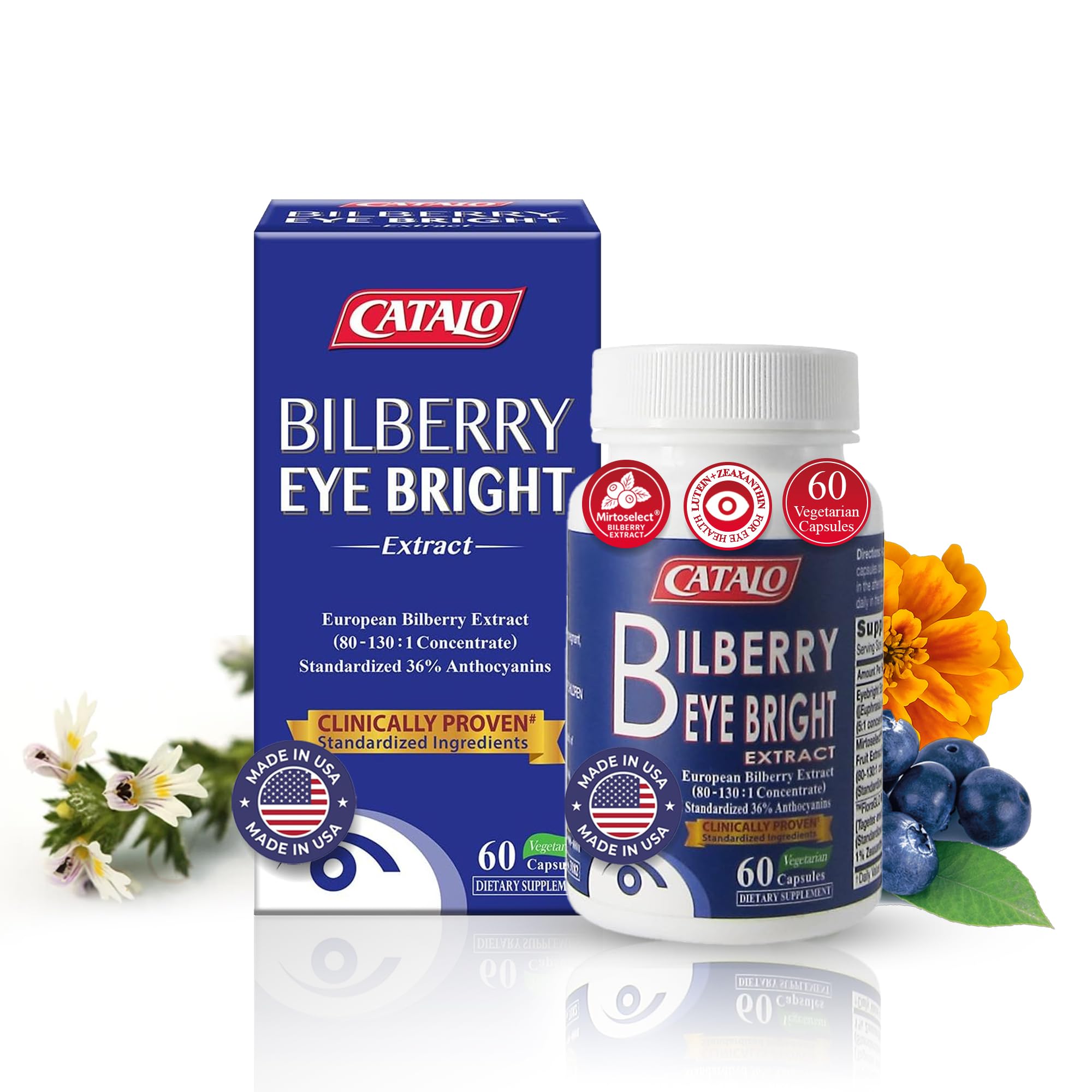CATALO Bilberry Eyebright Extract with Lutein & Zeaxanthin, Plant-Based Formula with European Bilberry, Eyebright & Marigold Flower Extract - 60 Vegetarian Capsules