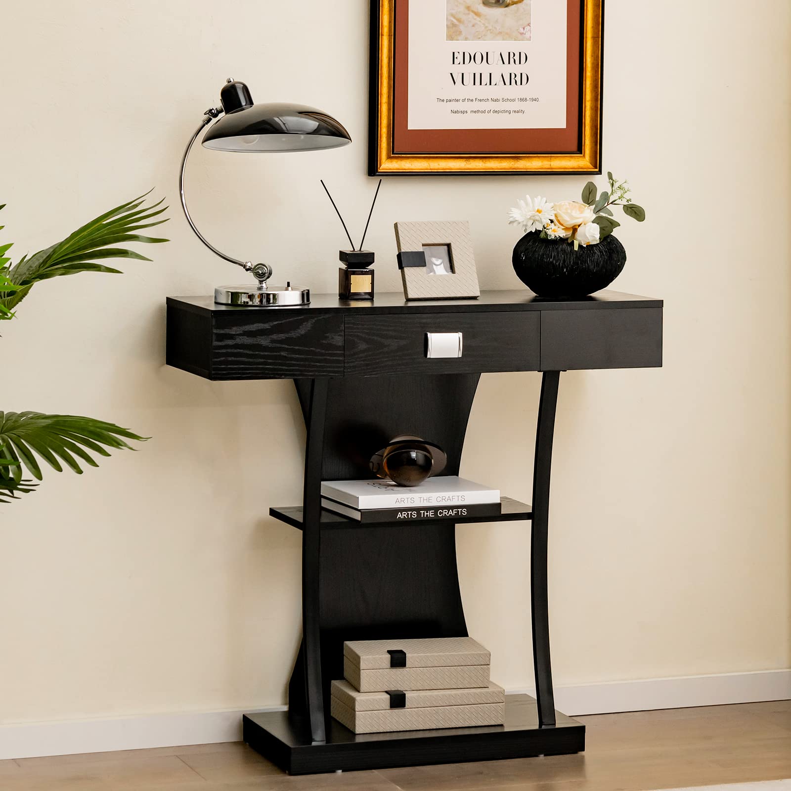 COSTWAY Consolle in Legno, Tavolo Ingresso Con Cassetti, Ripiani e 2 Kit Anti-ribaltamento, Multiuso e Salvaspazio per Salotto, Camera da Letto e Corridoio, 91 x 30 x 88 cm (Nero)