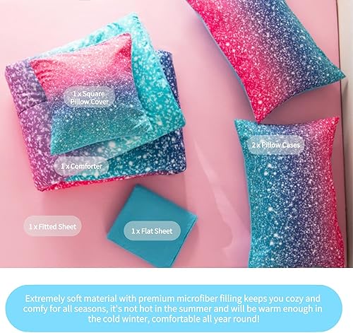 Miniatura 4 de RYNGHIPY Juego de ropa de cama de 6 piezas con purpurina 3D para niños adolescentes niñas y mujeres juego de edredón de color azul turquesa y rosa