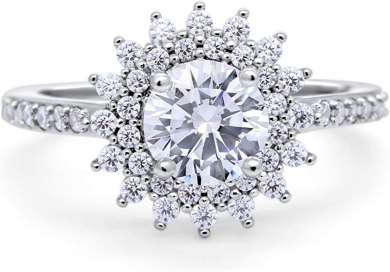 Blue Apple Co. Halo Starburst Flower Wedding Engagement Ring Round Simulated Cubic Zirconia 925 Sterling Silver