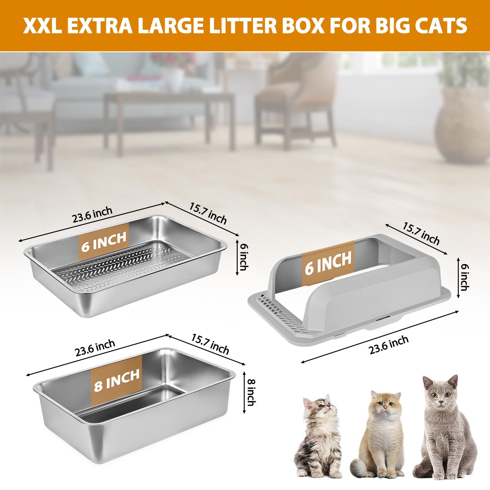 Homegroove Bac à litière en acier inoxydable pour granulés de pin, 23,6 x 15,7 x 14 pouces XXL bac à litière en métal avec couvercle pour chat intérieur tamis à granulés bac à litière avec pelle en