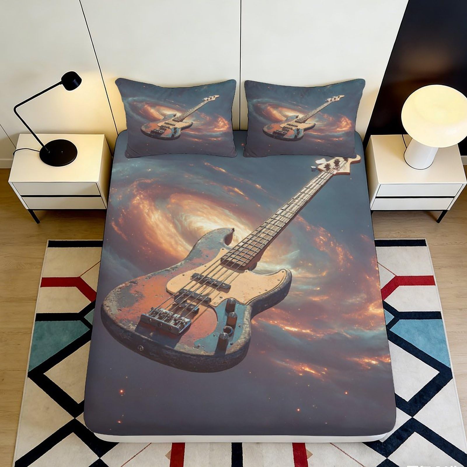 Jqzkxnhpbr Style-5 3D Printed Electric Guitar Fitted Sheet Microfiber Artistic Bedroom Decor Sunset Sky Mattress Cover For Home Dorm Guest Room 90X200x25cm