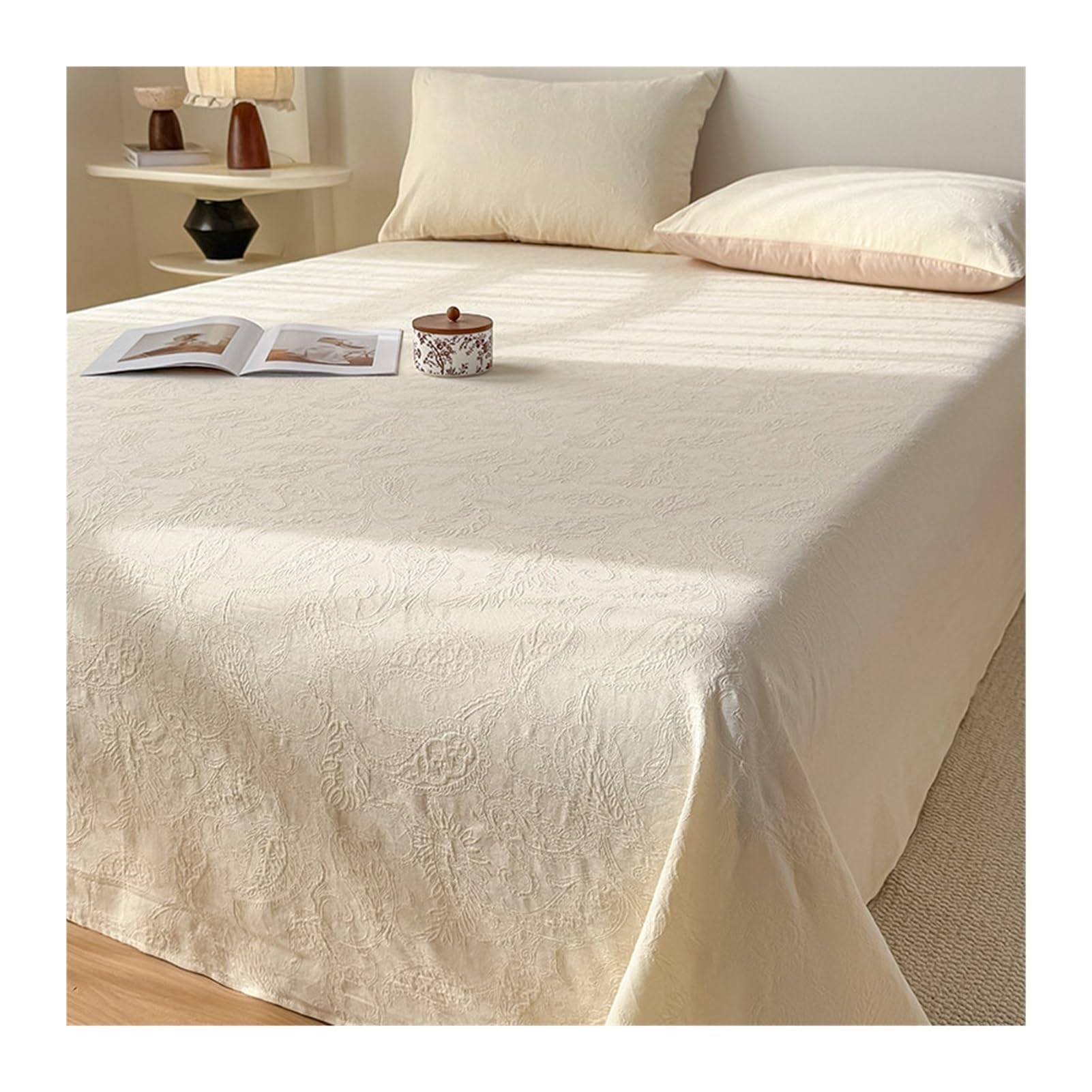GBHMJU 100% Cotton Thick Flat Sheet Twin Full Queen Jacquard Machine Washable Breathable Top Sheet(Khaki F,230x250cm)