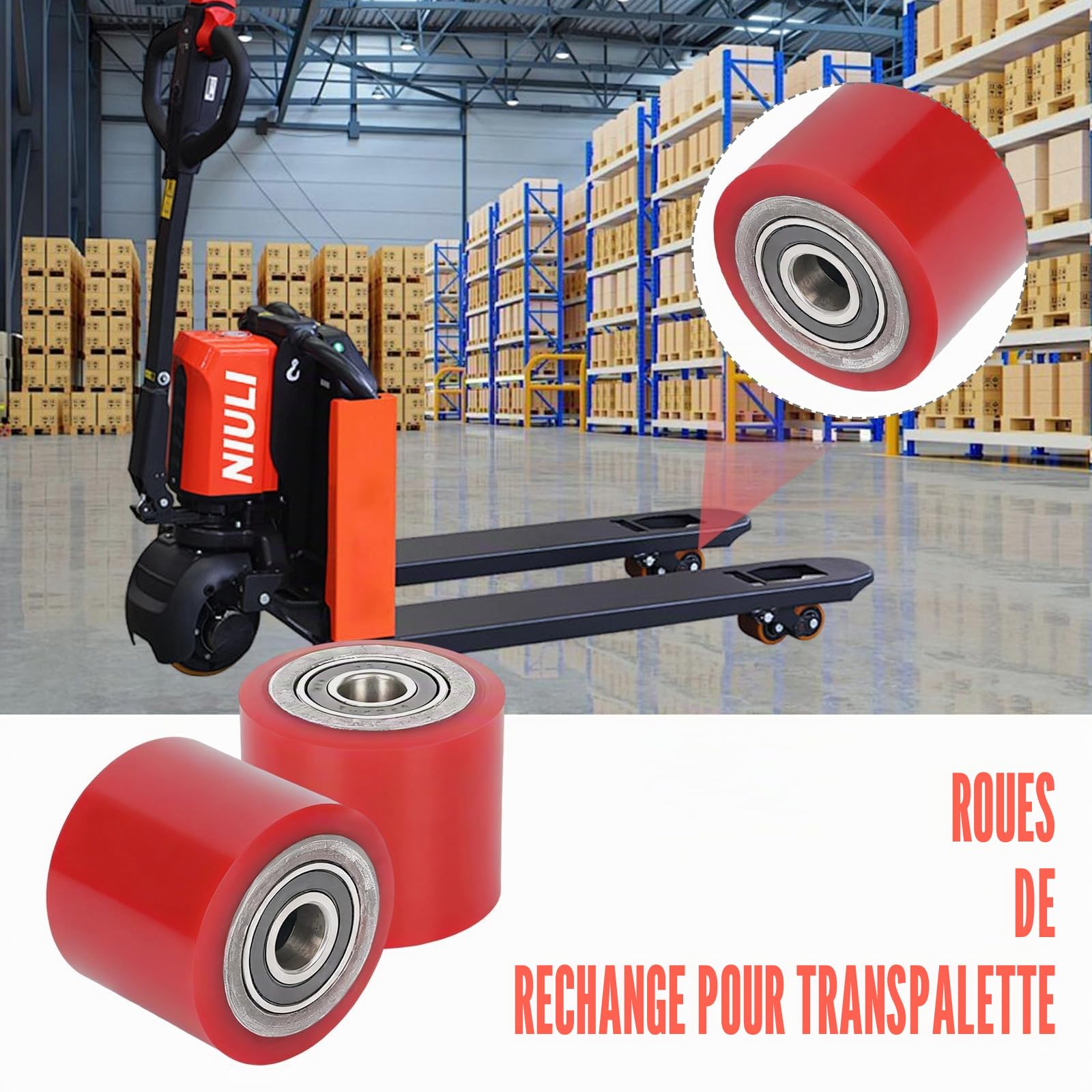 Lot de 4 roulettes de chariot élévateur en polyuréthane 80 x 70 mm - Arbre 20 mm - Roulement à billes inclus - Rouleau de chariot élévateur - Roue de roulement - Rouleau de rechange - Charge maximale