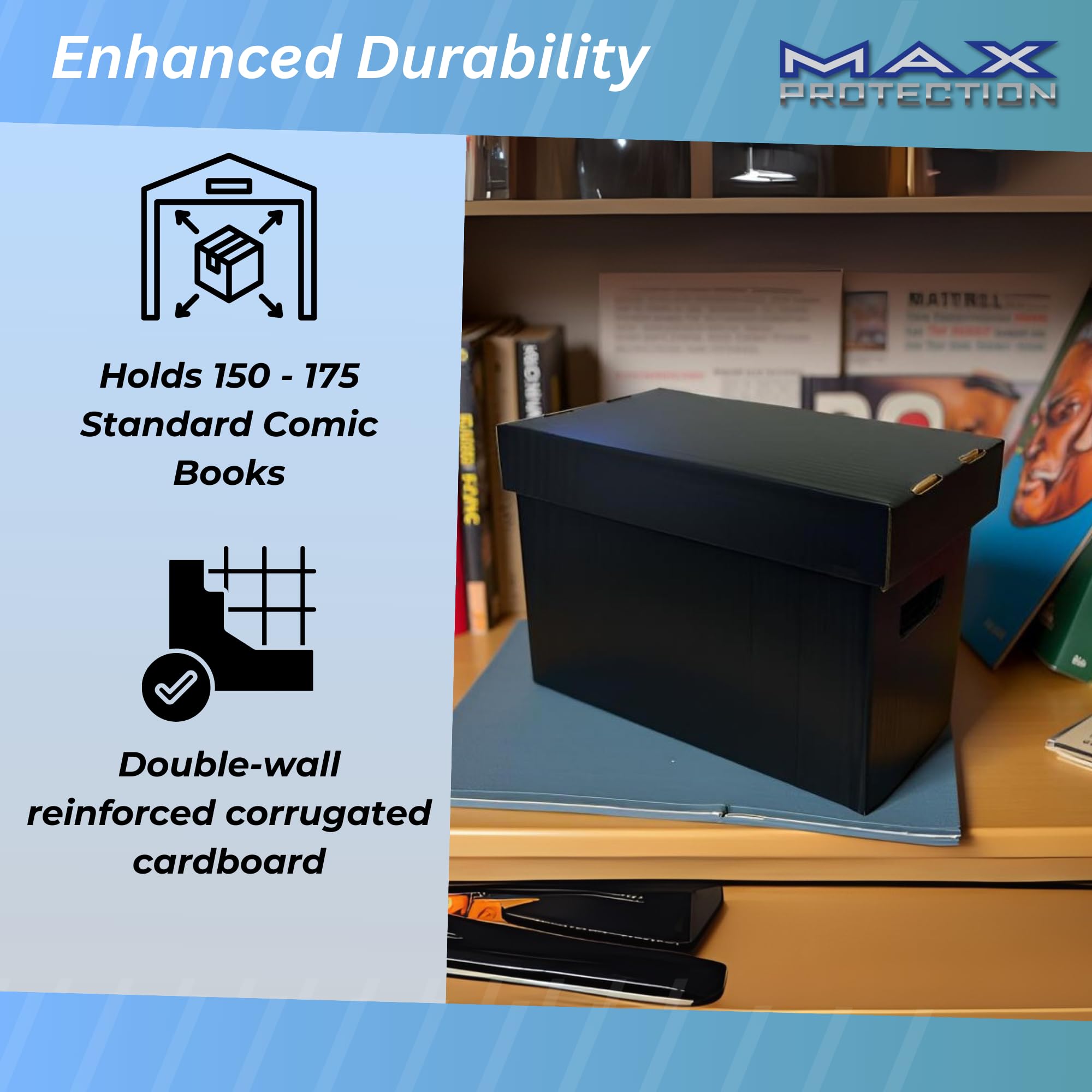 Max Protection Comic Book Storage Boxes - Short Cardboard Black Case for 150-175 Comic Books - Double Thickness — view 5