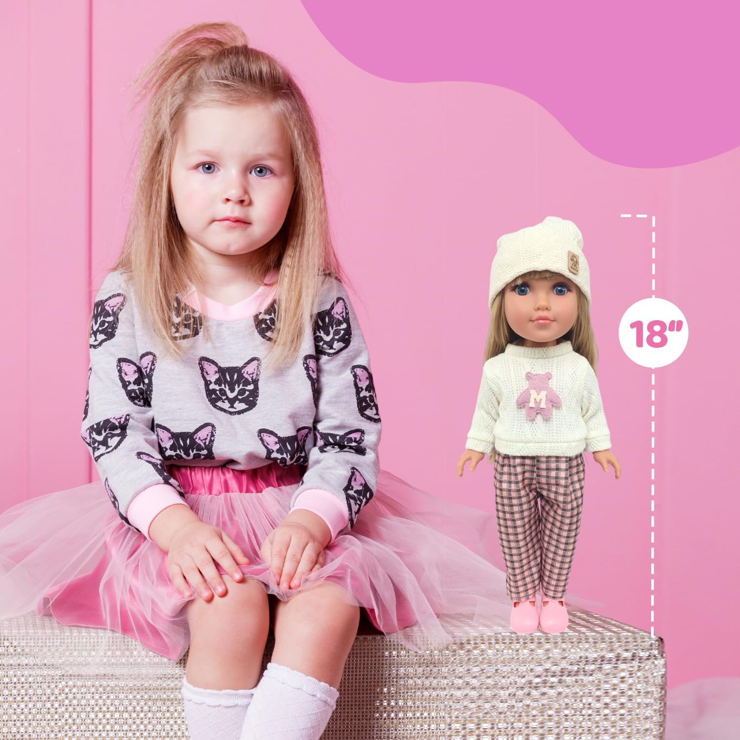 18 Inch Girl Doll Set with 4 Accessories—Knit Top, Plaid Wide-Leg Pants, Shoes, Knit Hat—Perfect for 18 Inch Dolls, an Ideal Gift for Girls and Children (Doll Included).
