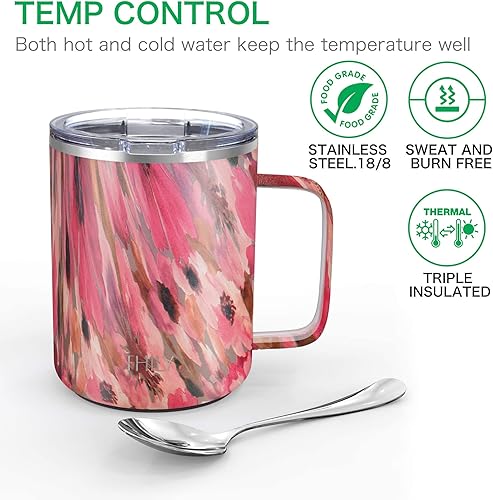 Miniatura 2 de THILY Taza de café aislada de acero inoxidable de 12 onzas con asa, tapa a prueba de derrames, mantiene el café frío o caliente, lindo regalo de