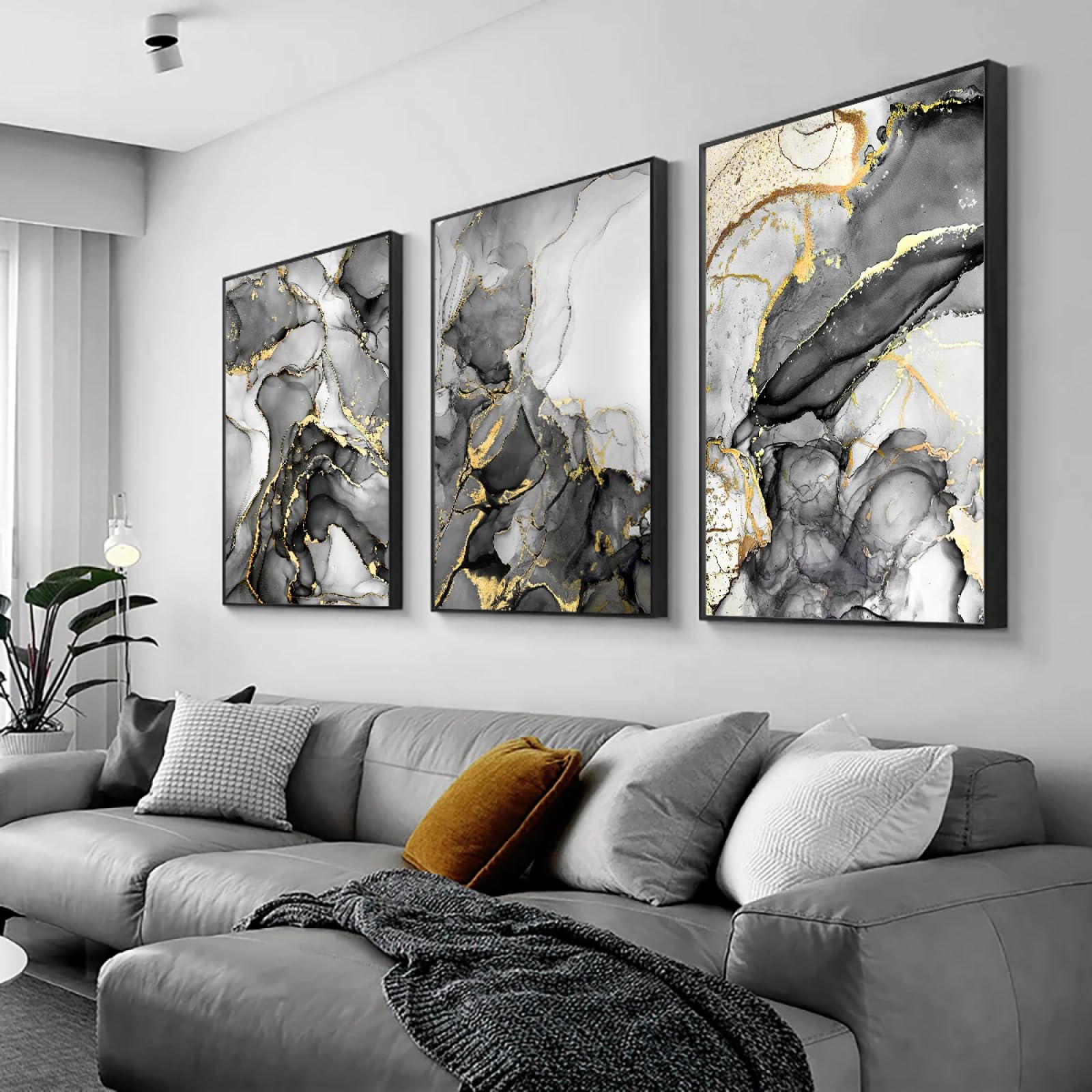 Pintura abstracta de tinta nórdica, carteles de mármol negro dorado, impresiones en lienzo, arte de pared, impresiones en lienzo, imágenes para sala de estar, 80x100cm (31"x39") x3 con marco negro