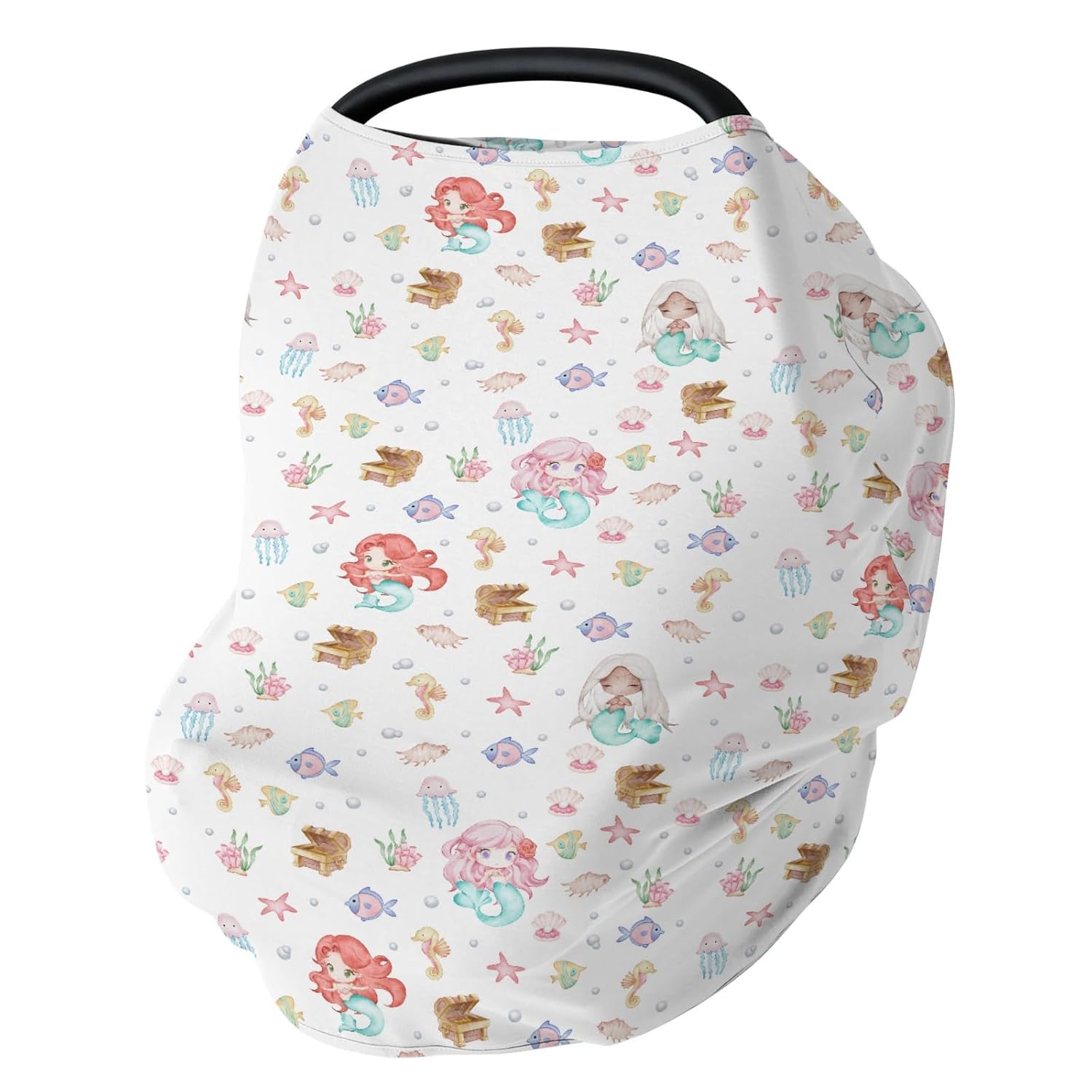 Cute Mermaids Car Seat Cover for Babies Mystical Mermaids Fishes Sea Horse Jellyfish Stretchy 5-in-1 Cover Adjustable Infant Carseat Cover Canopy Ocean Animals Breathable Nursing Cover-Up