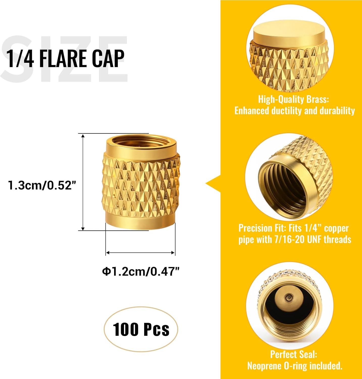 96 Pcs 1/4" Flare Caps, Solid Brass Valve Caps for Plumbing and HVAC Quick Seal Adapters