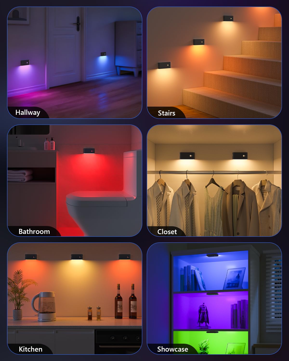 WILLED Nachtlicht Mit Bewegungsmelder, LED Treppenlicht mit Bewegungsmelder RGB & Warmweiß, 10 Stück Treppenbeleuchtung, Bewegungsmelder Licht für Treppe, Schlafzimmer, Flur, Küche, Badezimmer
