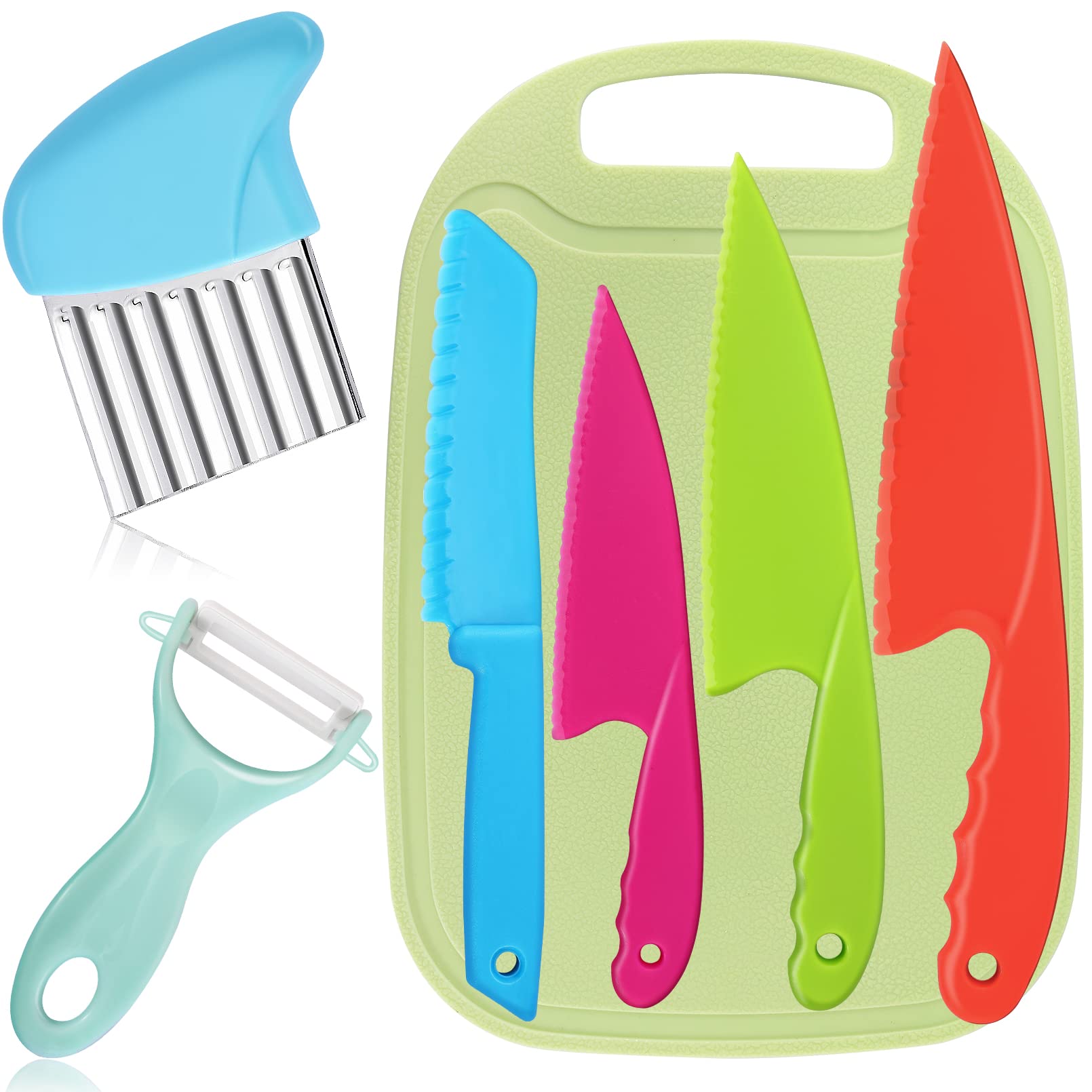 7-teiliges Kinderküchenmesser Set,Kindermesser Set,Kinder Messer Schneiden Lernen,4 Größen Kinder-Küchenmesser Kindermesser zum Schneiden für Obst Salat Kuchen Brot Gemüse