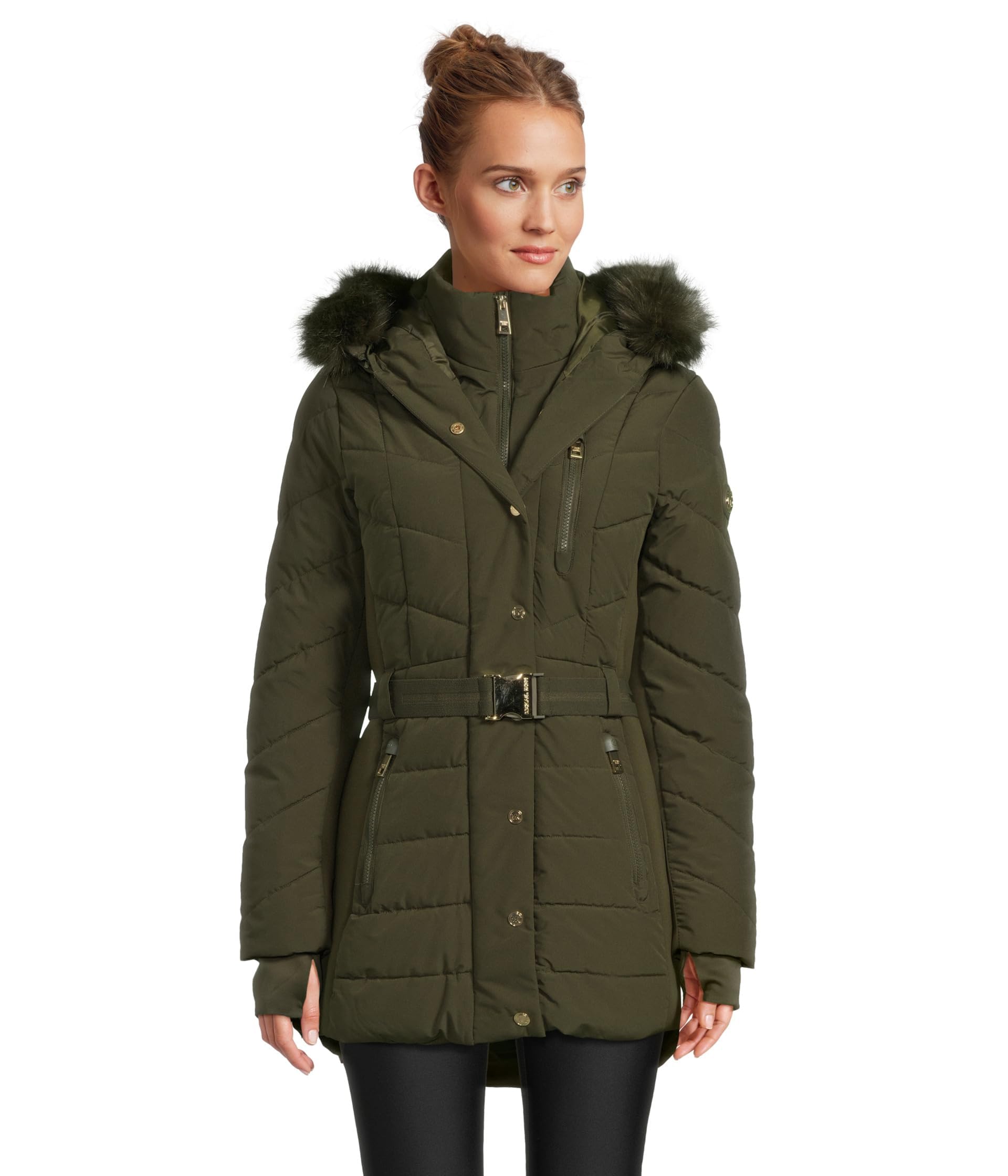 Michael Kors Women's Hooded Puffer Jacket With Faux Fur Trim and Belt