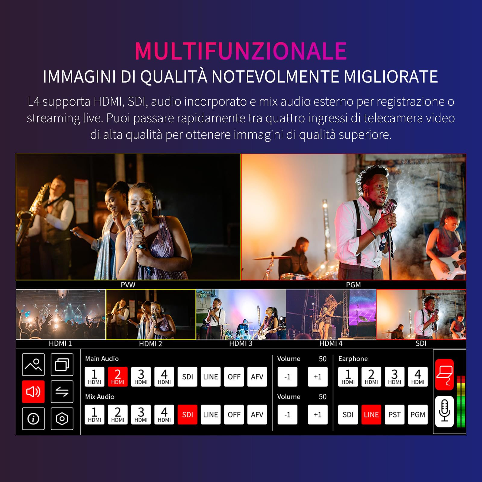 FEELWORLD L4 10,1 cm Touch Screen Video Switcher 10,1 cm Touchscreen, Anteprima in Tempo Reale 5 Fonti di Input PST PGM e Interfaccia Operativa