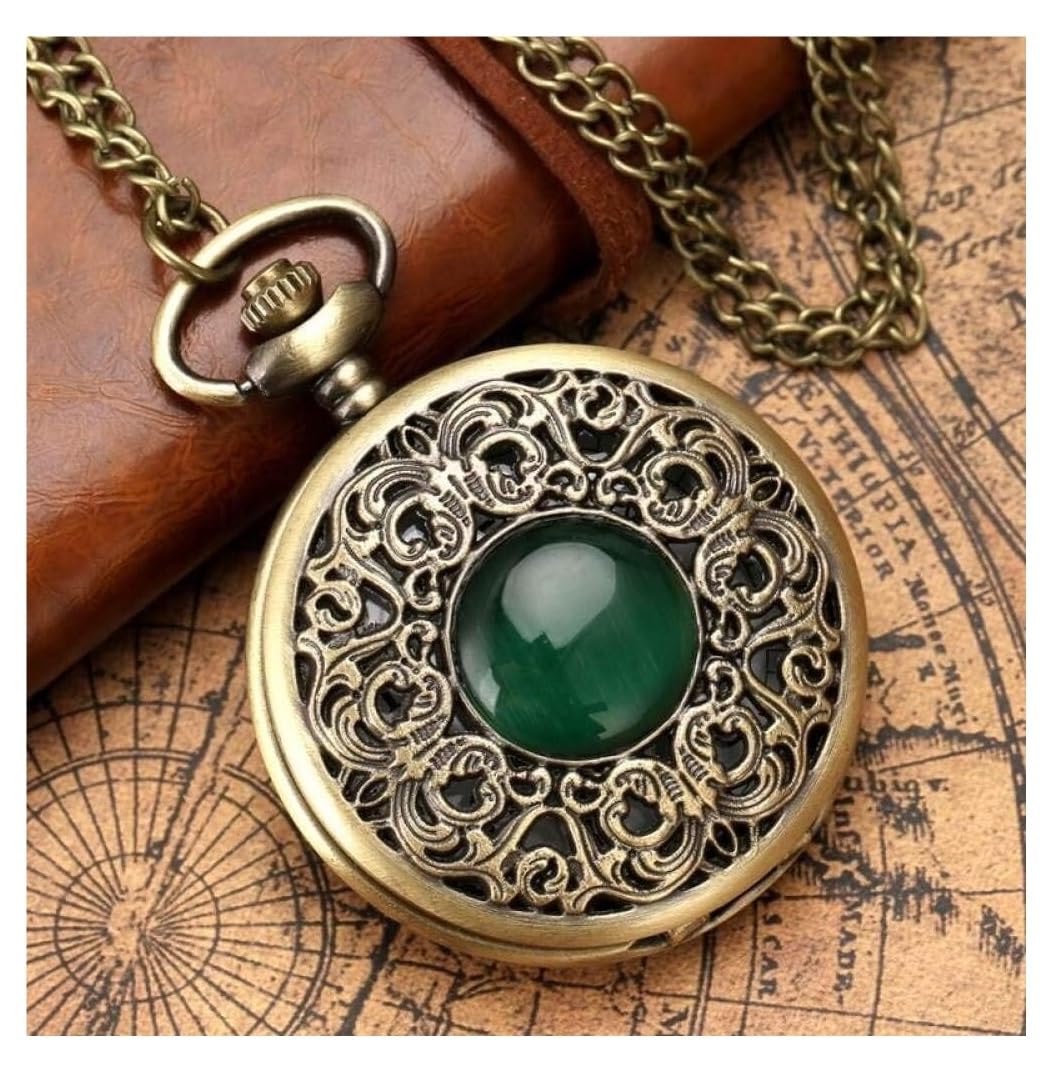 Reloj De Bolsillo Disfraz Reloj De Bolsillo Caja De Bronce Con Piedra Verde Esmeralda Reloj De Bolsillo De Cuarzo Esfera Blanca Cadena Accesorio Retro