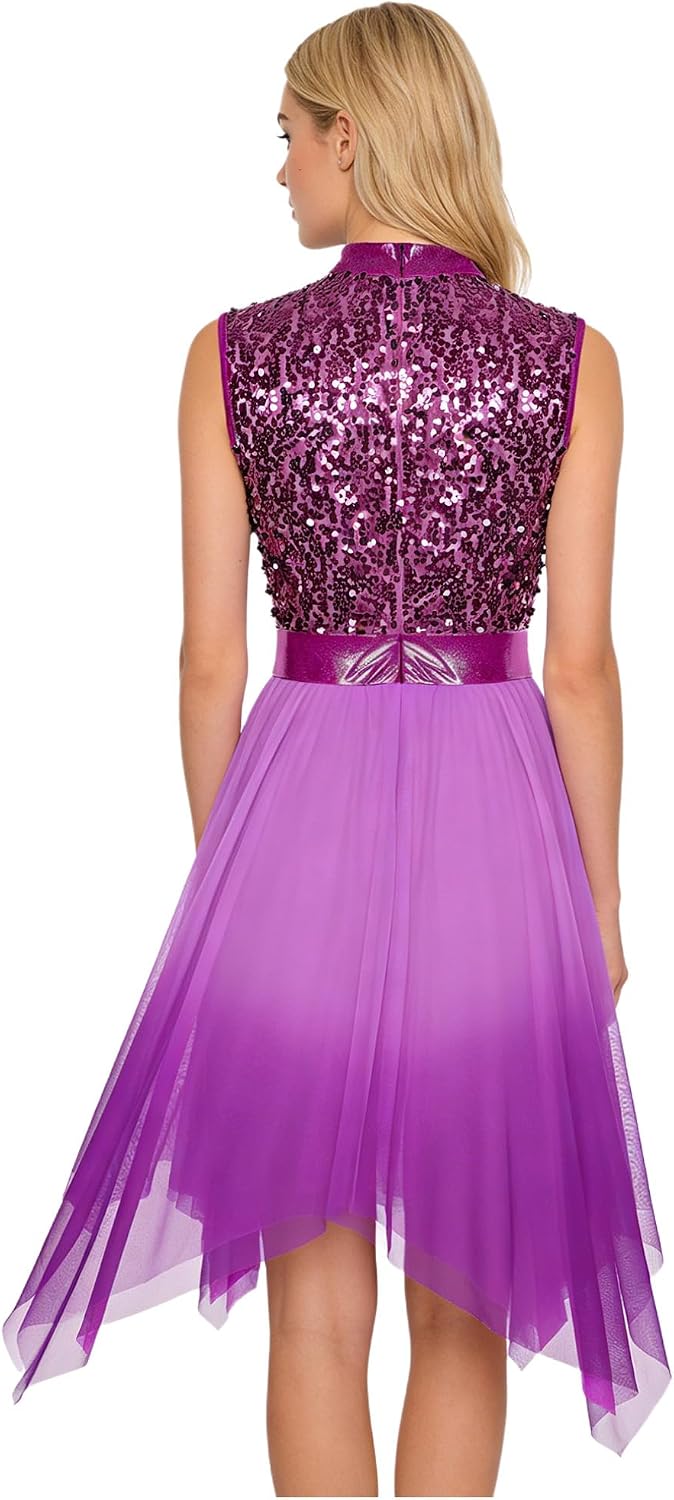 Linjinx Womens Shiny Sequined Liturgical Worship Praise Dance Costumes Sleeveless Overlays Dress Church Tunic