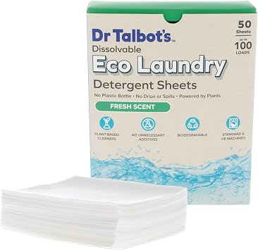 Dr. Talbots Eco Laundry Detergent Sheets Fresh Scent, Plant-Based, Biodegradable, No Harsh Additives, Dissolvable for Standard & HE Machines, 50 Sheets Up to 100 Loads, Travel & Eco-Friendly