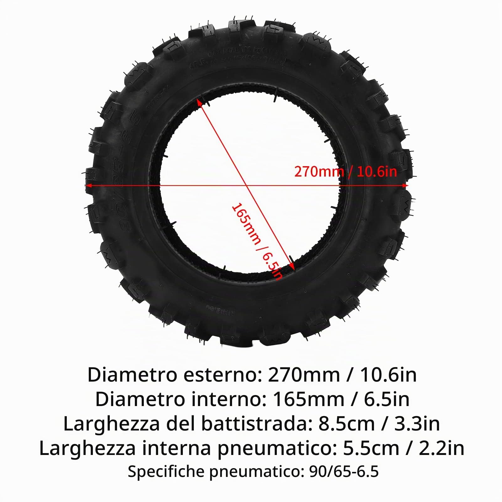Pneumatici per scooter elettrico RiToEasysports, pneumatici in gomma da 10 pollici Pneumatico Tubeless Pneumatico Ruota posteriore 90/65-6.5 con eccellenti prestazioni di presa e fuoristrada