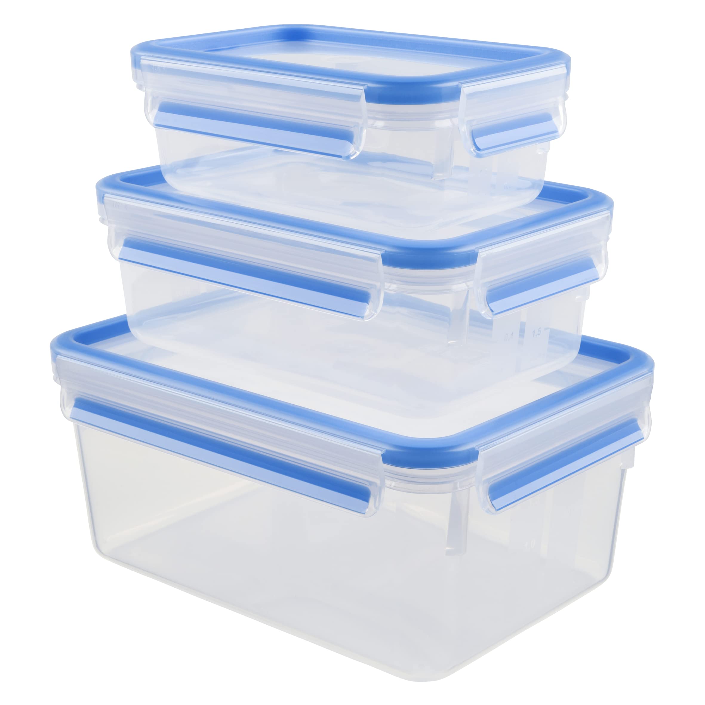 Tefal Master Frischhaltedose für Lebensmittel, rechteckig, transparent/blau, Plastik, transparent/blau, 3-Piece Set