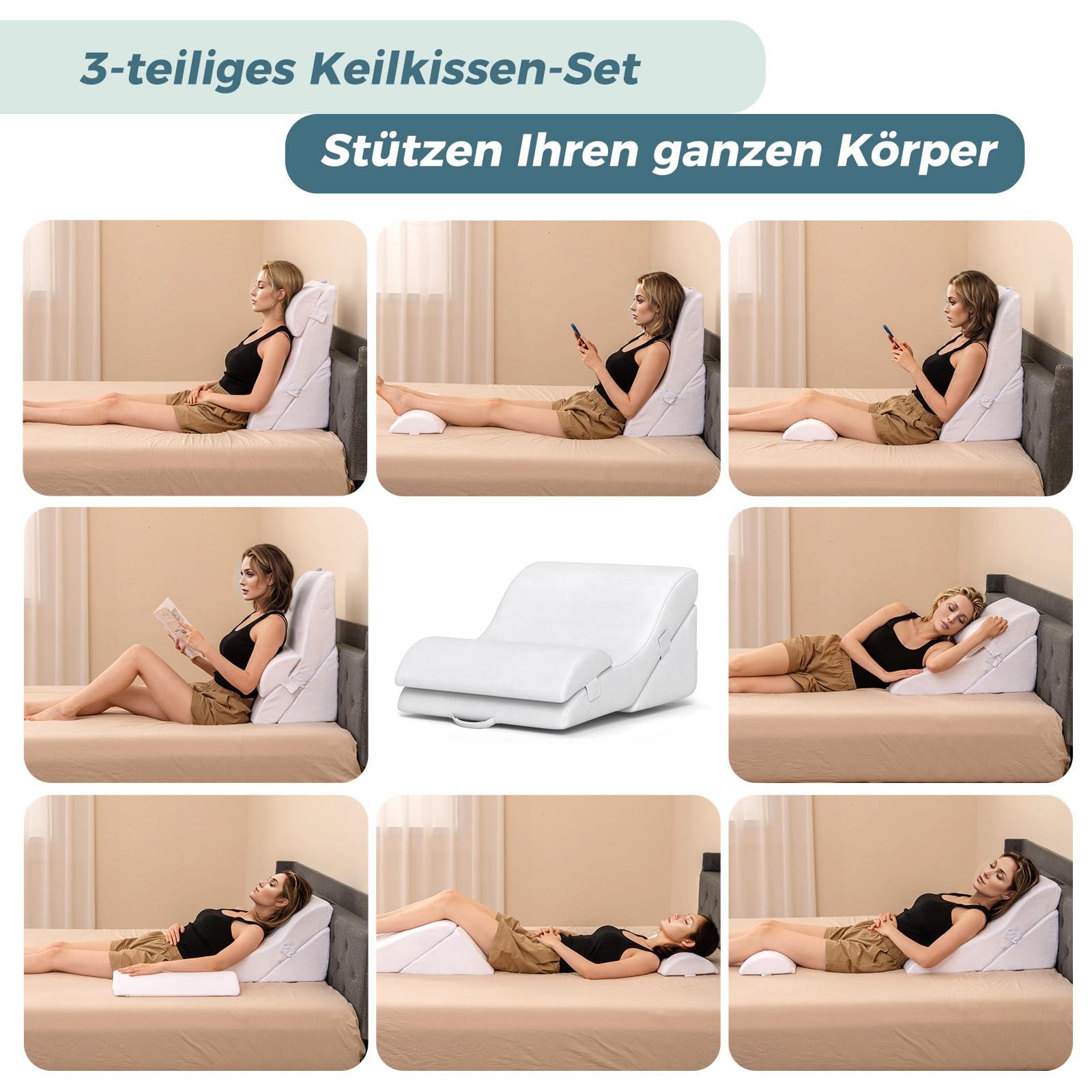COSTWAY Lesekissen für Bett und Sofa, Venenkissen zum Beine hochlagern, 3-teiliges orthopädisches Keilkissen-Set nach Operationen gegen Schnarchen, Sodbrennen & Rückenschmerzen, Weiß